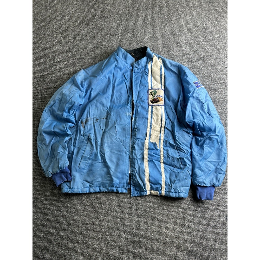 Mens 1970 Mustang Cobra Shelby Ford Fur Lined Racing Jacket Blue, Size XL